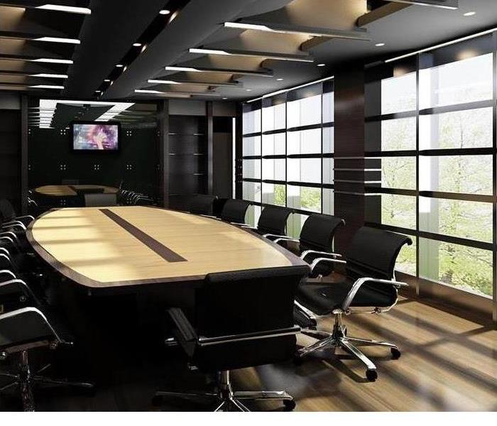 A conference room is shown 